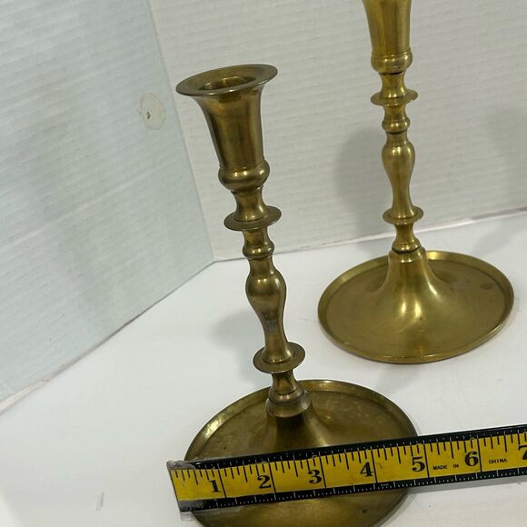 Vintage Solid Brass Candle Holders with Dish Style Base Matched Set - Picture 9 of 10
